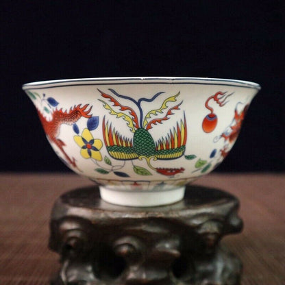 Collected Old Chinese Exquisite Porcelain Color Hand Painted Dragon Phoenix Bowl