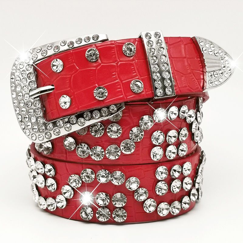Women Leather Belt Rhinestone Fashion Men Casual Bling Jeans Waistband 110x3.3cm
