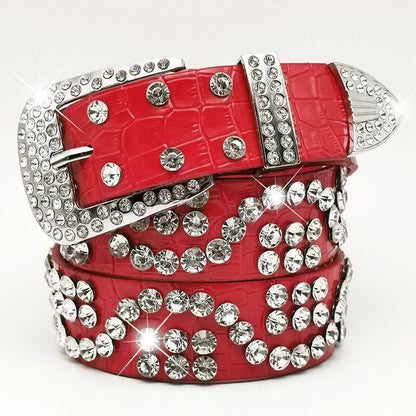 Women Leather Belt Rhinestone Fashion Men Casual Bling Jeans Waistband 110x3.3cm