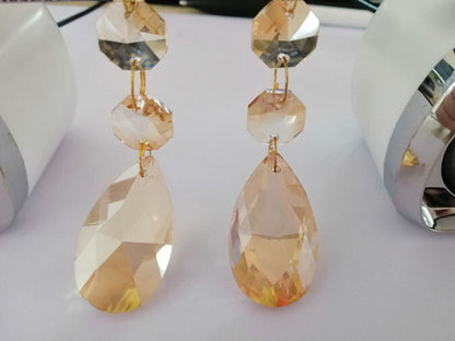 15Pcs 38mm Champagne Teardrop Chandelier Crystal Glass Lamp Prisms w/Golden Ring
