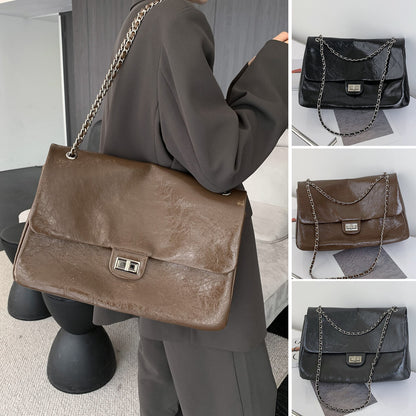 Shiny Real Leather Small Flap Shoulder Bag Purse Double Chains Crossbody Handbag