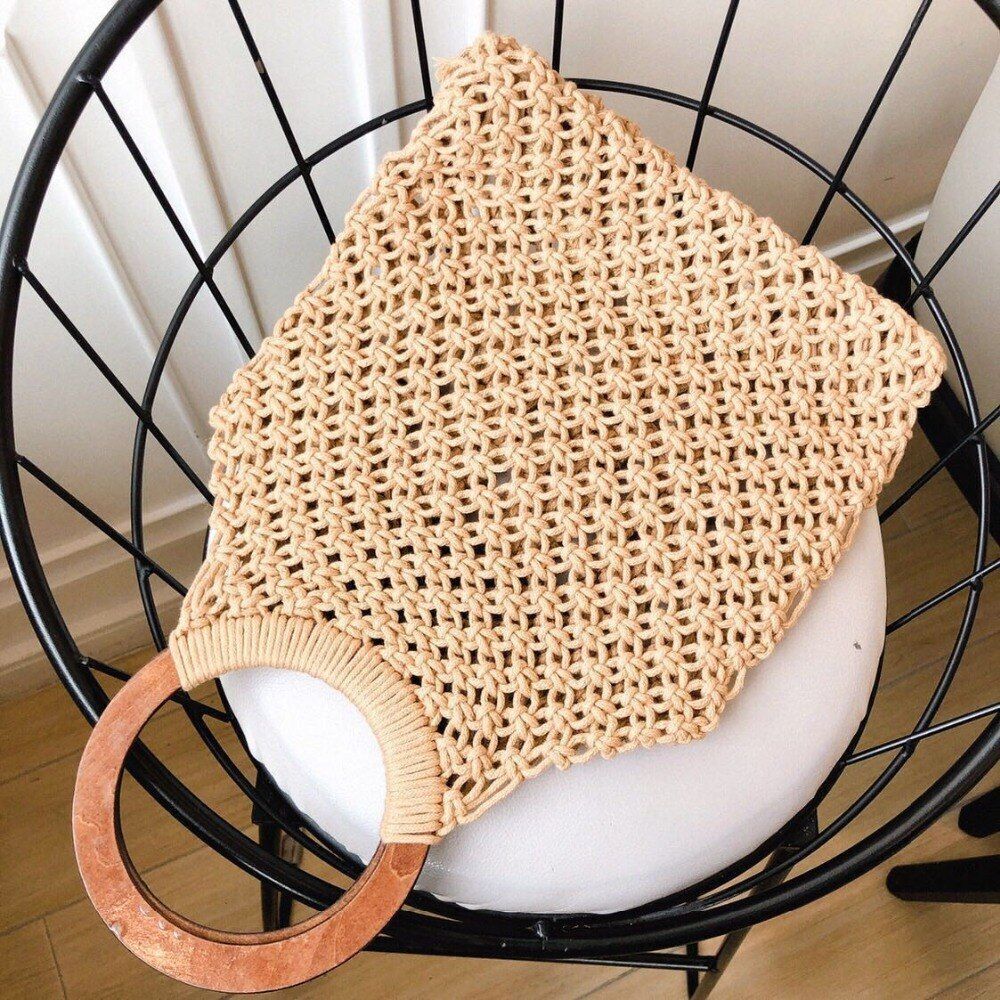 Woven Bag Hollow Beach Purse Wooden Handle Ring Straw Handbag Tote Flap Cotton