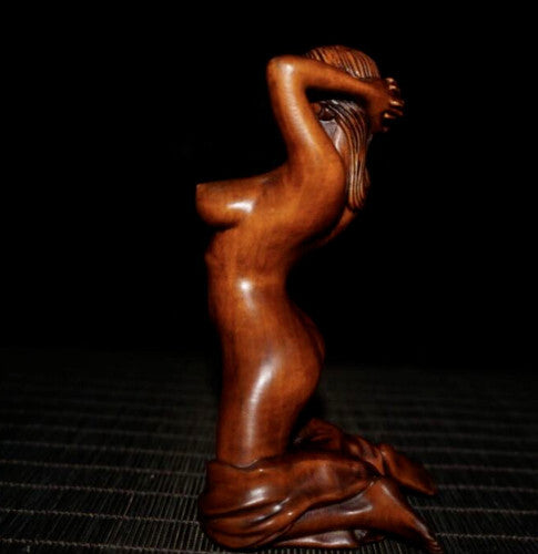 Old Chinese Boxwood Wood Hand Carving Art Nude Beauty Belle Statue Sculpture