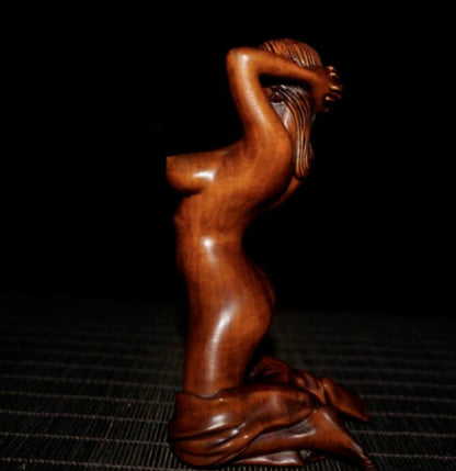 Old Chinese Boxwood Wood Hand Carving Art Nude Beauty Belle Statue Sculpture