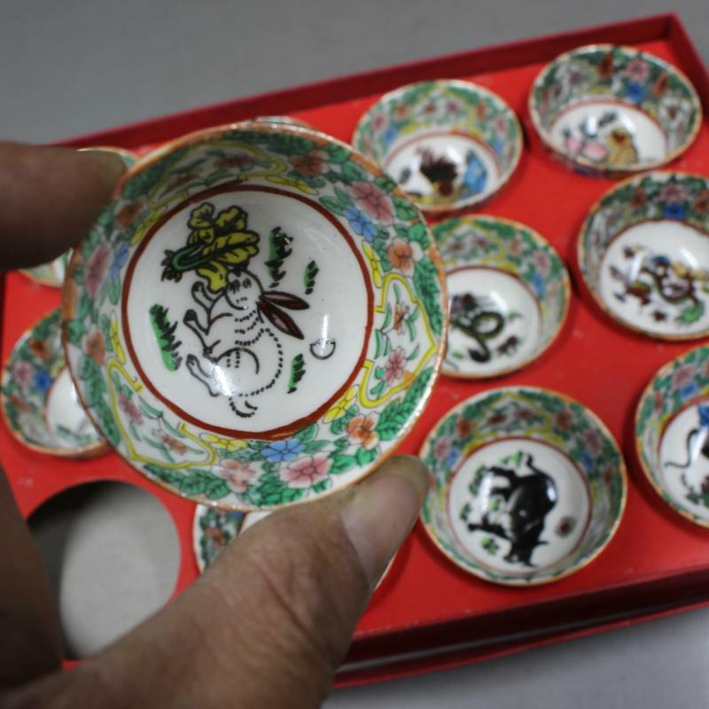 12pcs/set 5cm China Jingdezhen Antique Porcelain Zodiac Animal Pattern Teacup
