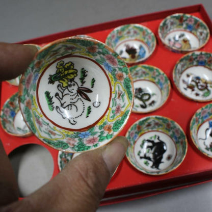 12pcs/set 5cm China Jingdezhen Antique Porcelain Zodiac Animal Pattern Teacup