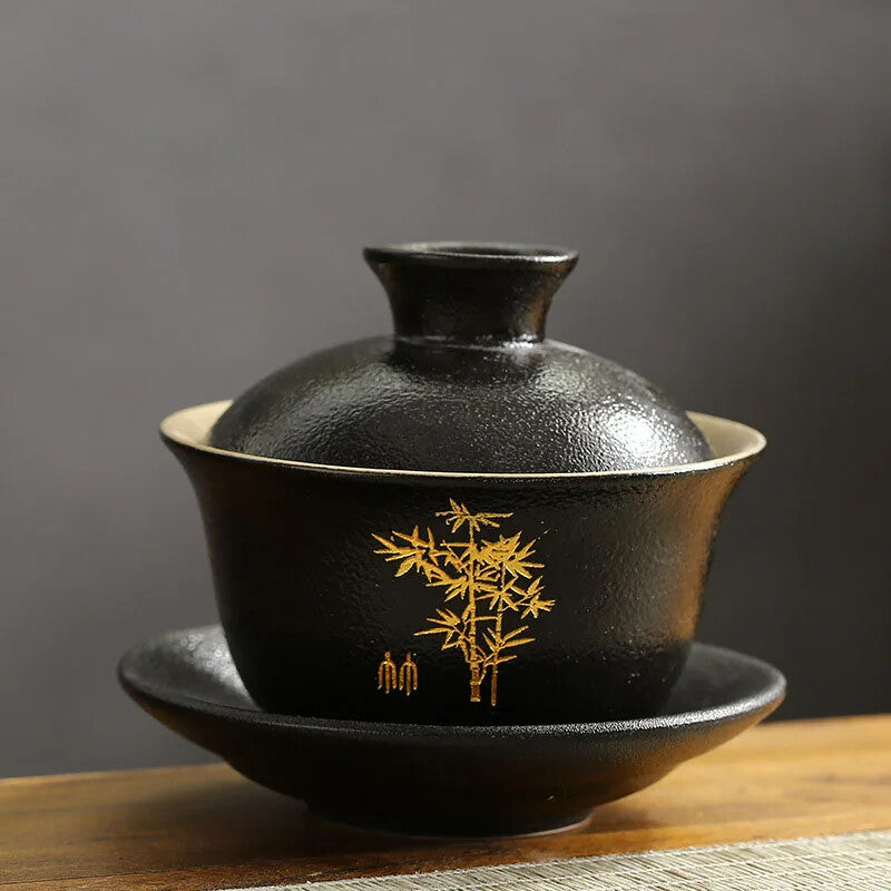 Chinese Black Pottery Ceramic Tea Tureen Retro Tea Maker Zen Cover Bowl Teacup