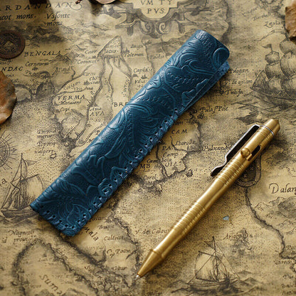 Portable Real Leather Pen Protector Bag Holder Pencil Case Handmade Carved Gifts