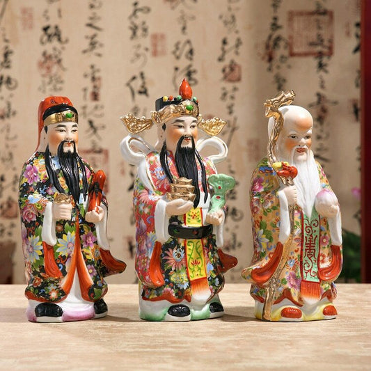 Three Gods Fortune Statue Chinese Handmade Ceramic Ornaments Painted Sculpture