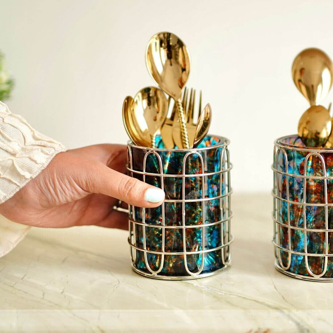 Set of 2 Stainless Steel (Silver Color) & Blue/Orange Glass Silverware Holders