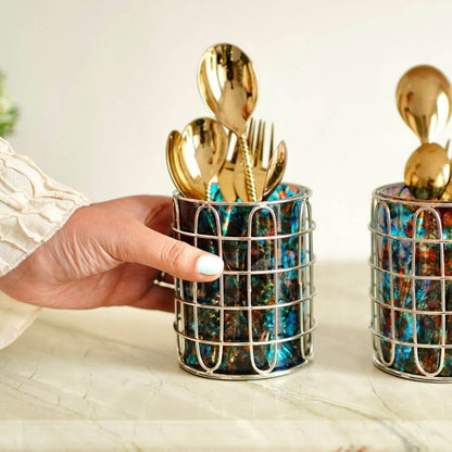 Set of 2 Stainless Steel (Silver Color) & Blue/Orange Glass Silverware Holders
