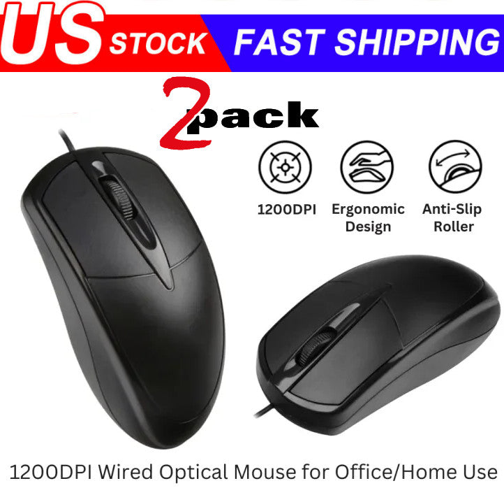 2PCS USB 2.0 Optical Wired Scroll Wheel Mouse PC Laptop Notebook Desktop Black