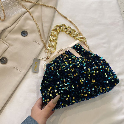 Sequin Shoulder Messenger Bag Buckle Handbag Thick Chain Polyester Purse Hasps