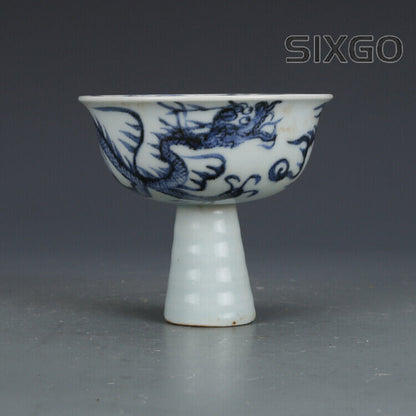 3.7" Chinese Yuan Blue-and-white Porcelain Luck Animal Dragon High Foot Cup