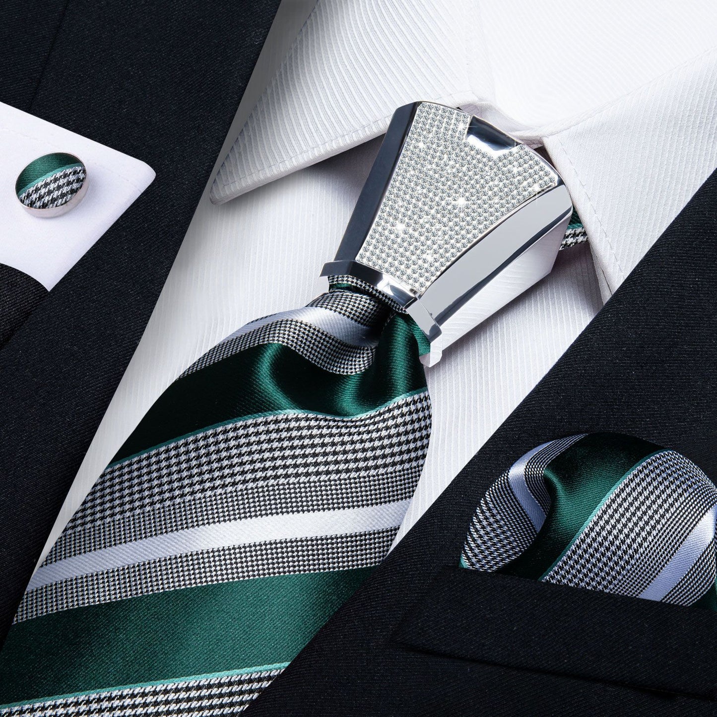 Men Necktie 3Pcs Luxury Striped Ties Cufflinks Pocket Square Wedding Accessories