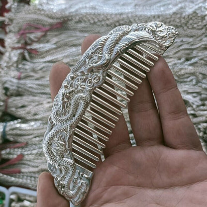 Exquisite Old Chinese tibet silver handmade Dragon phoenix comb statue 90145