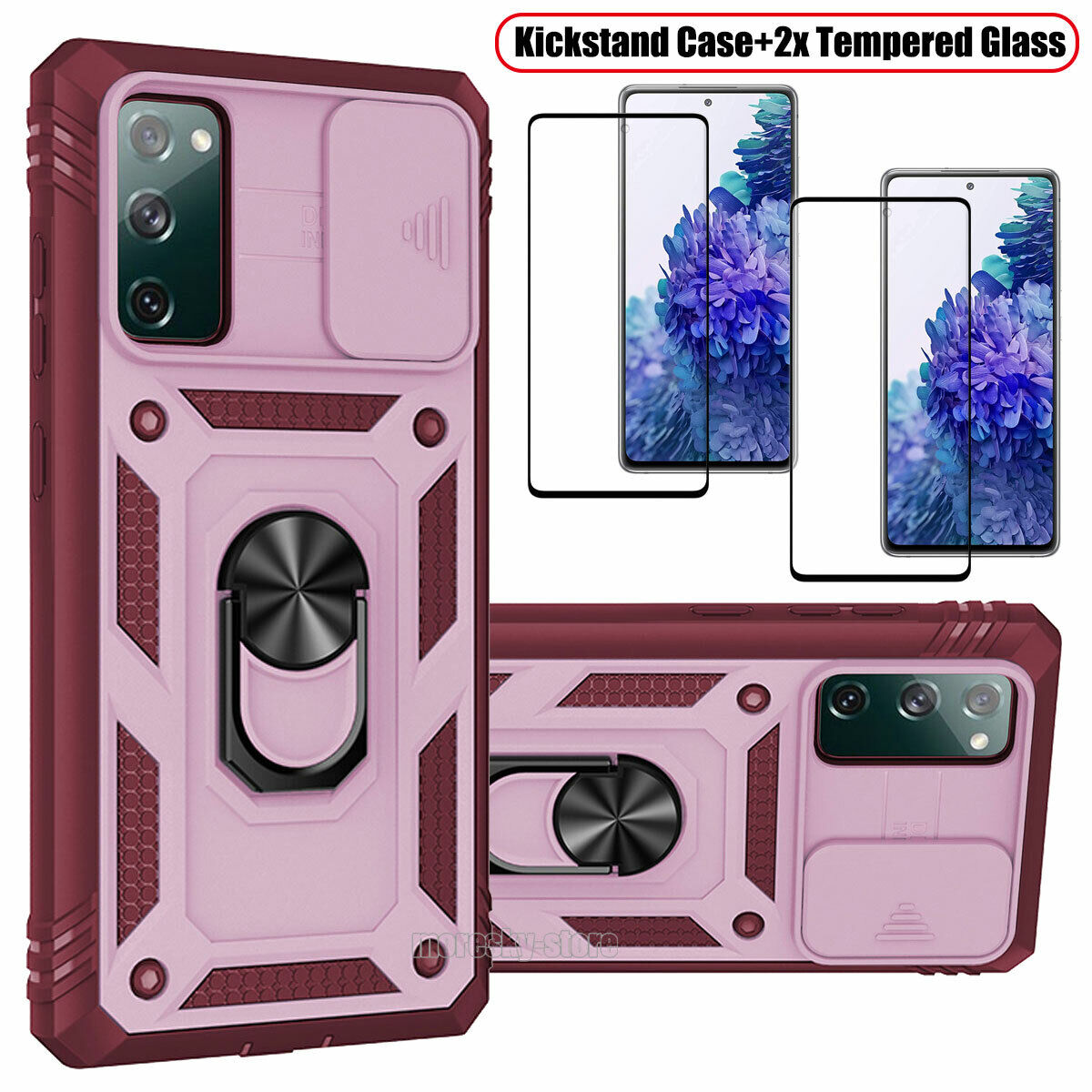For Samsung Galaxy S20 FE 5G Stand Case + Camera Lens Slide Cover Tempered Glass