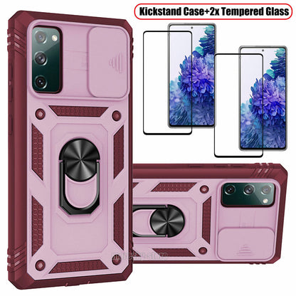 For Samsung Galaxy S20 FE 5G Stand Case + Camera Lens Slide Cover Tempered Glass