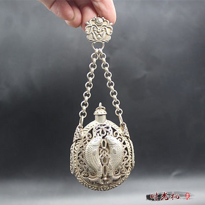 Vintage Chinese Silver Plated Copper Double Fish Openwork Incense Sachet Pendant