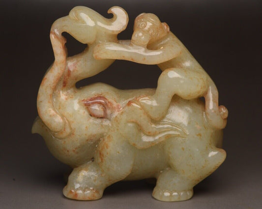 Chinese Vintage Antique Natural Hetian Jade Carving Elephant Monkey Statue Rare