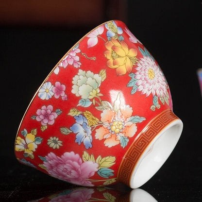 One Cup Color Enamel Craft Porcelain Tea Cup On Sales Peony Flower Print 85ml