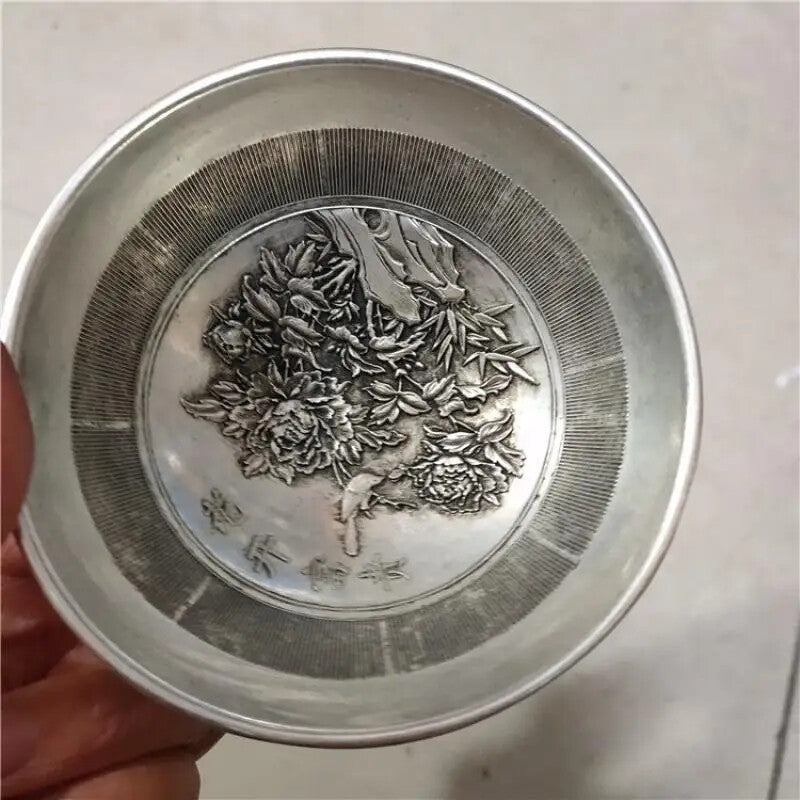 Silver Antique Copper Bowl Gilt Carving Flower Blooming Wealth Honor