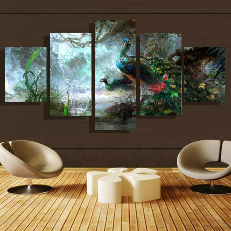 5 Pieces Canvas Wall Art Poster and Print Living Room Peacock No Framed