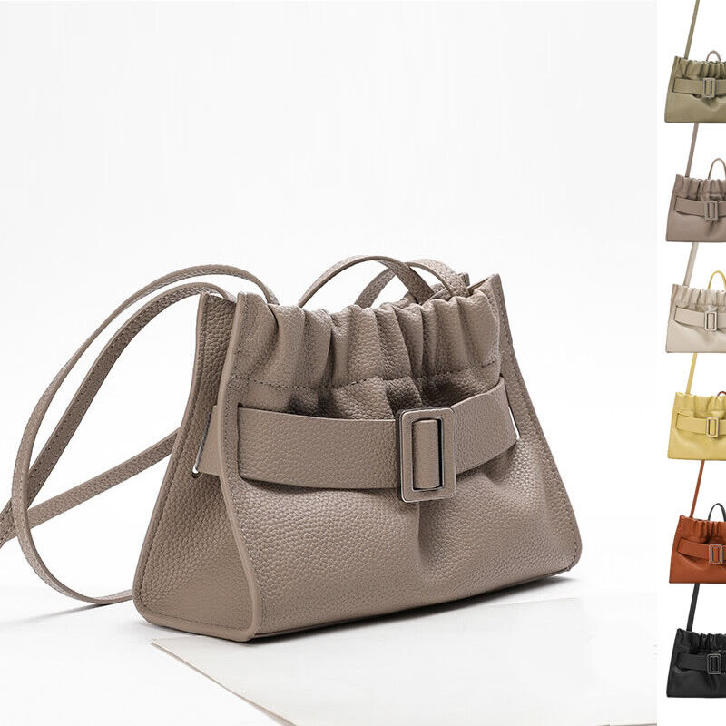 Real Leather Oversize Buckle Scrunchy Ruched Clutch Shoulder bag Crossbody Purse