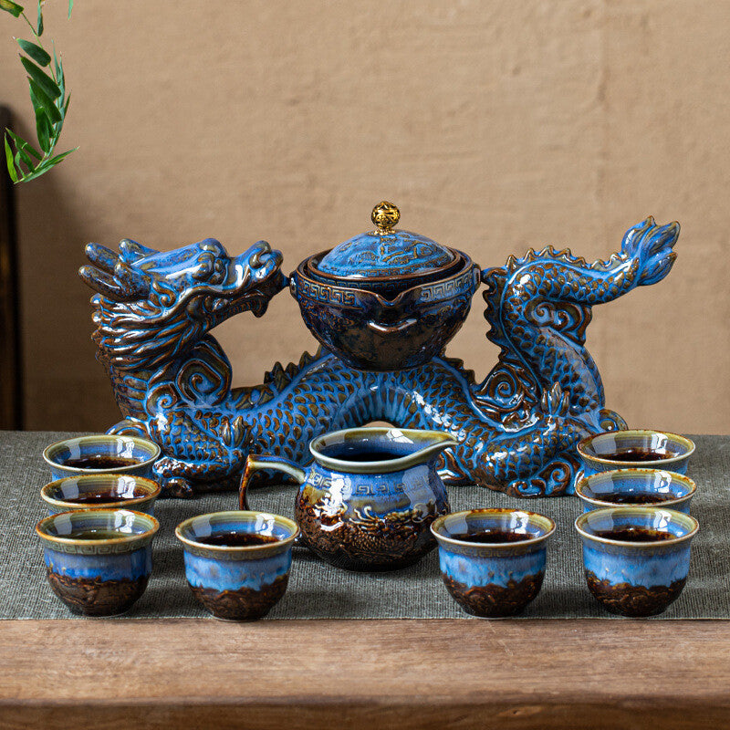 Half Automatic Tea Set Ceramic Dragon Design Gaiwan Matching Pitcher Tea Cups