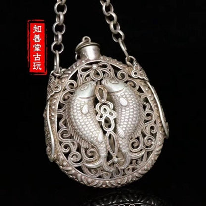 Vintage Chinese Silver Plated Copper Double Fish Openwork Incense Sachet Pendant
