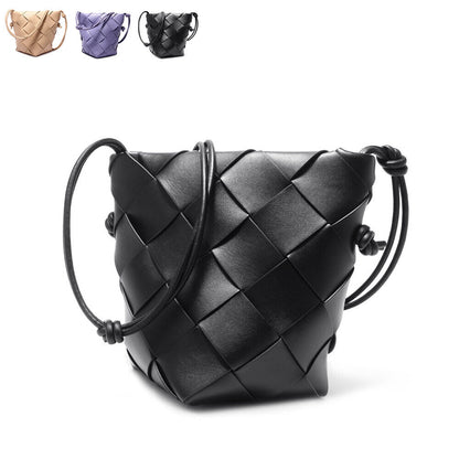 Woven Real Leather Bucket Basket Shoulder Bag Clutch Purse Tote Crossbody Women
