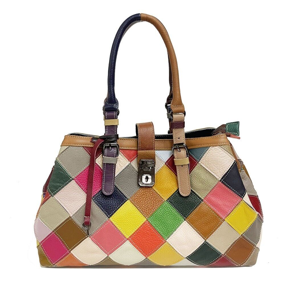 100% Genuine Leather Colorful Patchwork Handbag Women's Tote Shoulder Bag