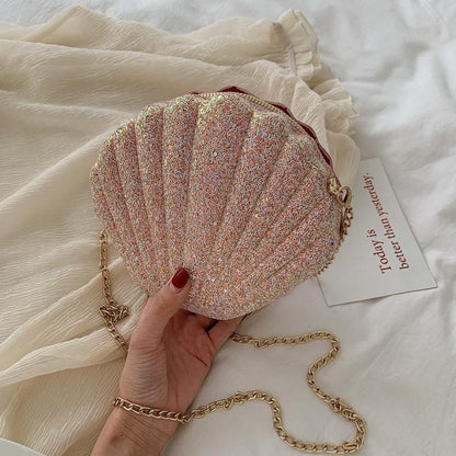 Small Sequins Shell Shape Chain Bag Shoulder Purse Cute Crossbody Bag 19*17*7CM