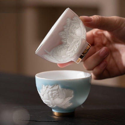 Shadow Carving Flower Teacup Handmade Tea Bowl Portable Travel Personal Tea Set