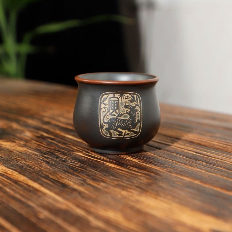 70ml Chinese Purple Pottery Handcarved Twelve Zodiac Master Cup Kungfu Teaware