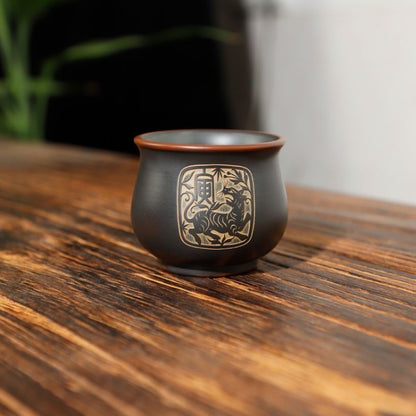 70ml Chinese Purple Pottery Handcarved Twelve Zodiac Master Cup Kungfu Teaware