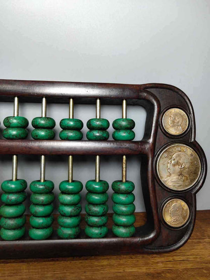 Chinese Rosewood Inlaid Silver Dollar & Turquoise Bead Exquisite Abacus