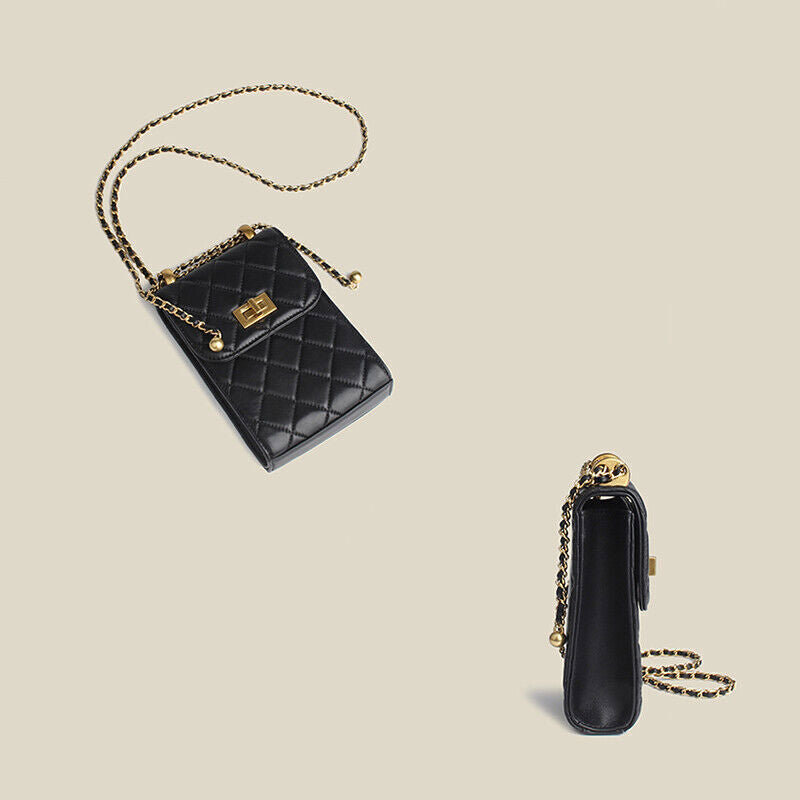 Quilted Lambskin Leather Adjustable Chain Coin Purse Phone Bag Small Flap Wallet