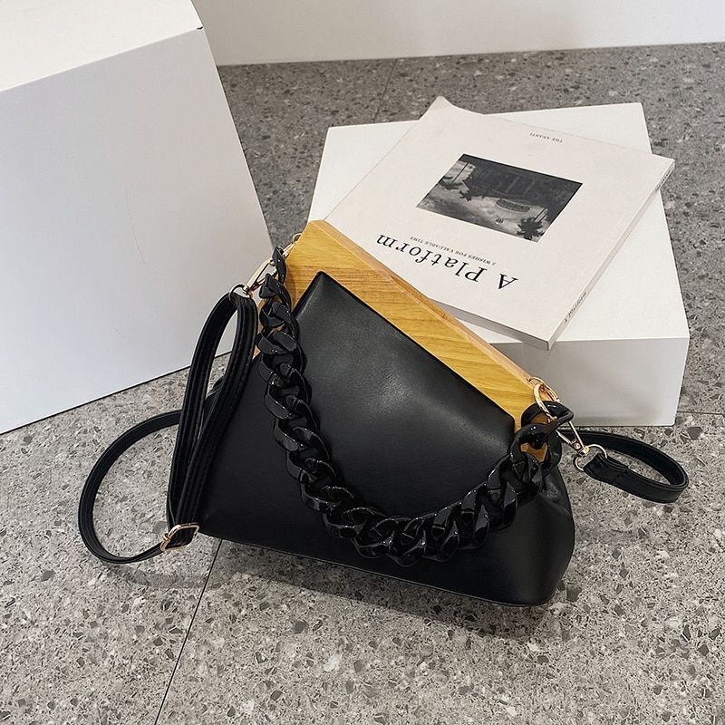Handbag Thick Chain Triangle Design Leather Crossbody Bag Wooden Handle Purses