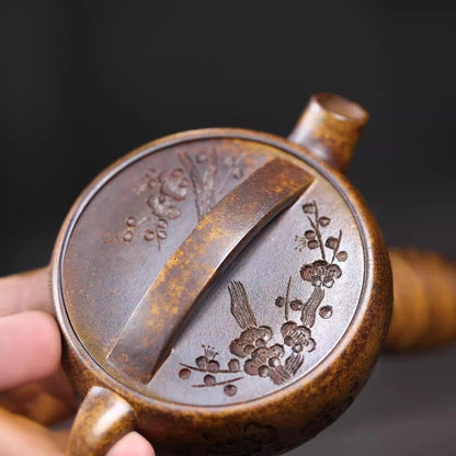 6.8oz Chinese Tea Pot Handmade Carved Real Yixing Zisha Pot Big Opening For Puer