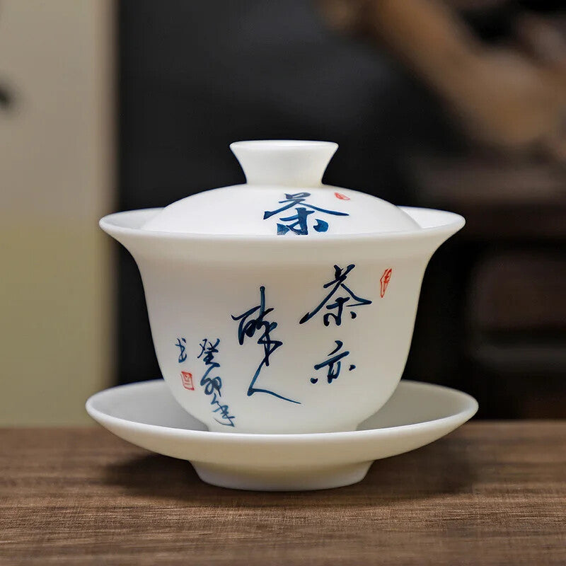 Porcelain Covered Bowl, Ceramic Tea Set with Lid, White Porcelain