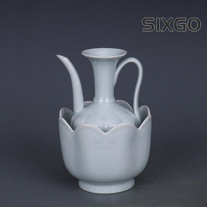 7.1" China Song Porcelain Lake Field Kiln Shadow Green Glaze Lotus Flower Teapot