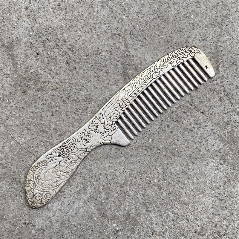 Handmade Tibetan Silver Comb Dragon Phoenix Carved Hair Comb Decorative Piece