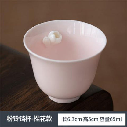 Pink Sheep Fat Jade Porcelain Handmade Flower Bell Tea Cup 65ml
