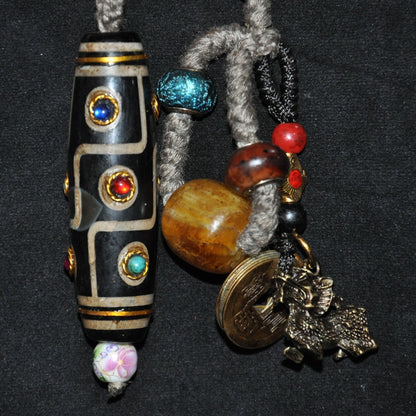 Collect Rare Authentic Old Tibet tibetan agate dzi Inlay gem Pray beads Antiques