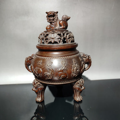Boxwood Tripod Censer buddha incense holder lion statue Animal figurines antique