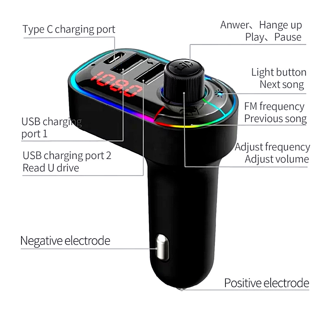 Cargador Rapido de Carro Coche Autos Vehiculo con Transmisor Bluetooth FM Dual