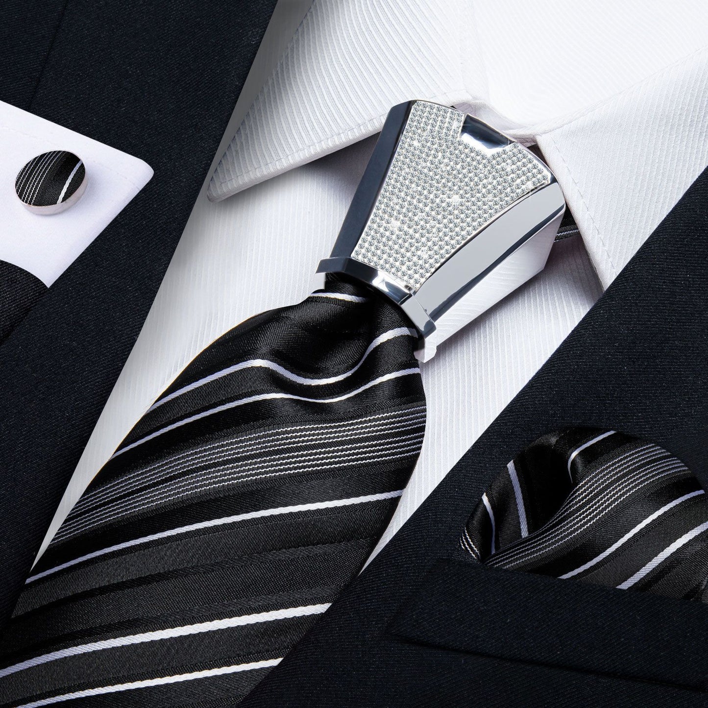 Men Necktie 3Pcs Luxury Striped Ties Cufflinks Pocket Square Wedding Accessories