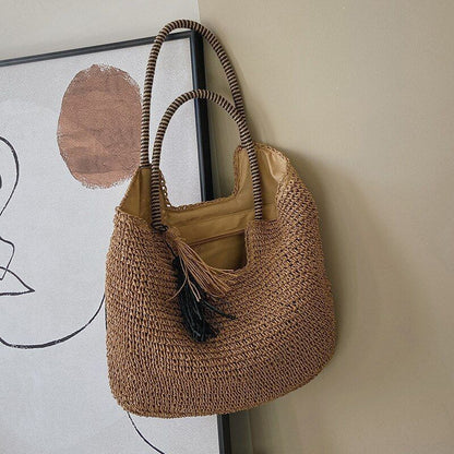 Straw Weave Tassel Beach Bag Large Fashion Shoulder Bag Handbag Purse 43*40*4 CM