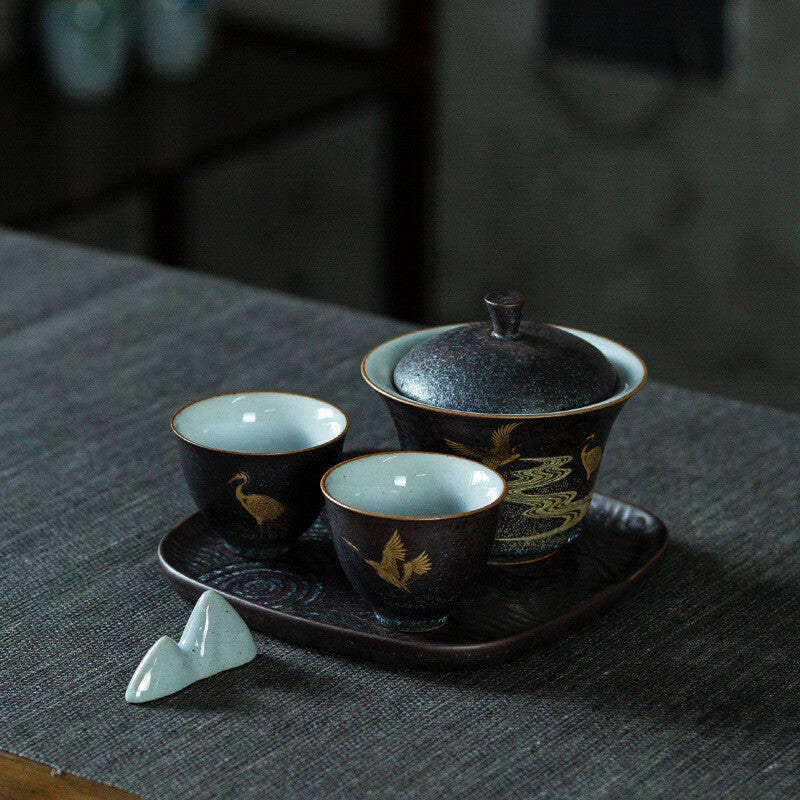5pcs/lot Pottery Teaset Gaiwan Matching Teacup Crane Relief Tea Plate Brush Rack